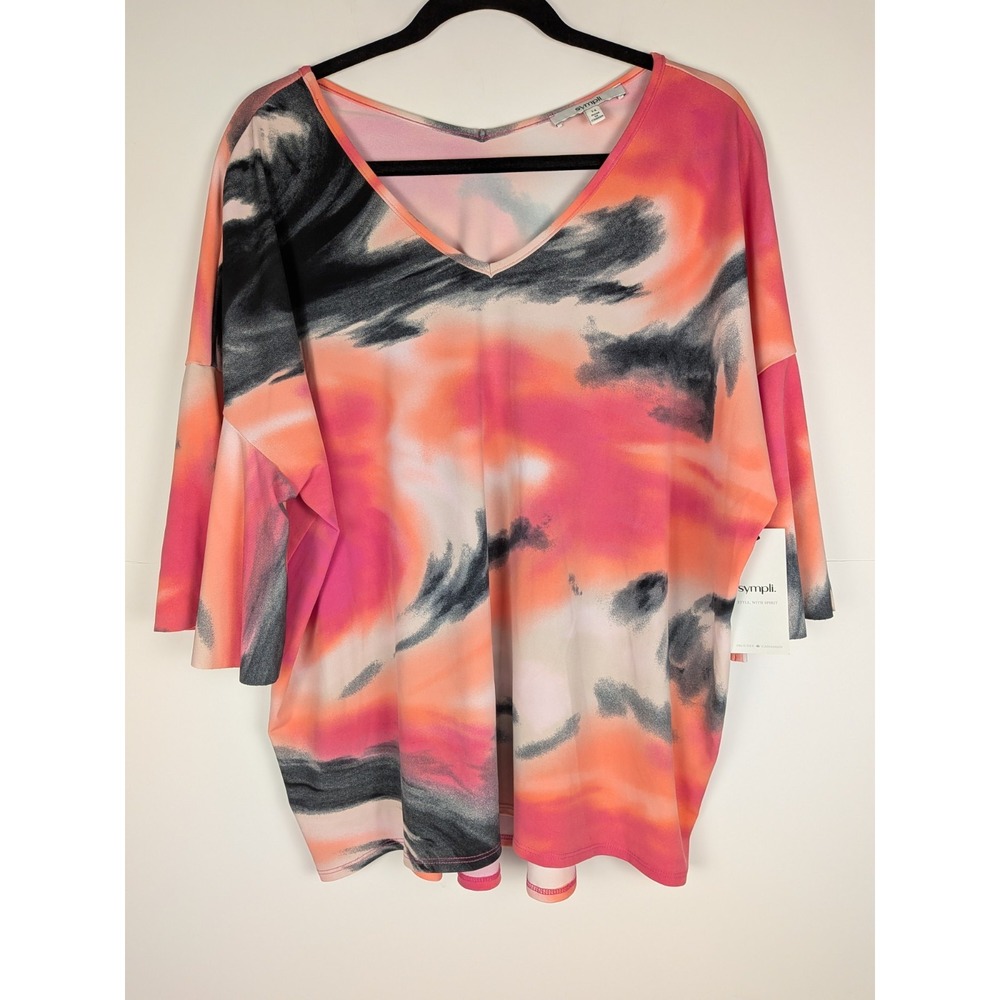 NEW Sympli Women's Sz 14 Flutter Dolman Marble Pink Print 3/4 Flare Sleeves